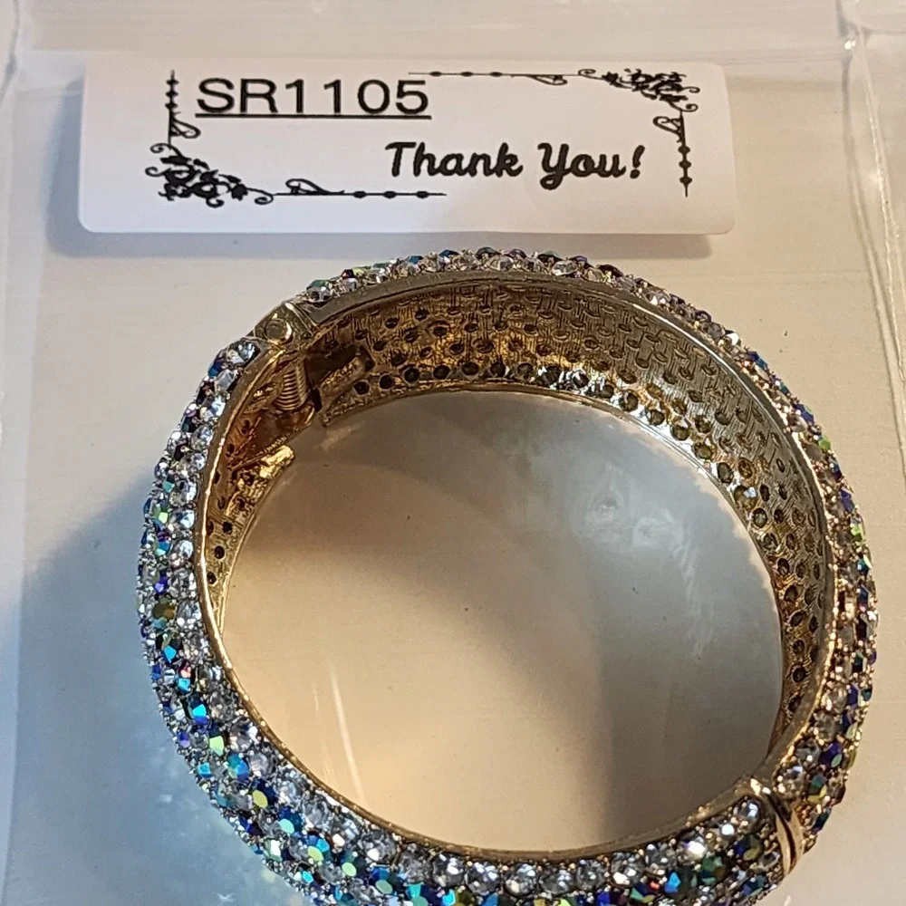 Aurora Borealis Rhinestone Wide Hinged Bangle Bracelet Gold Tone Glam Statement